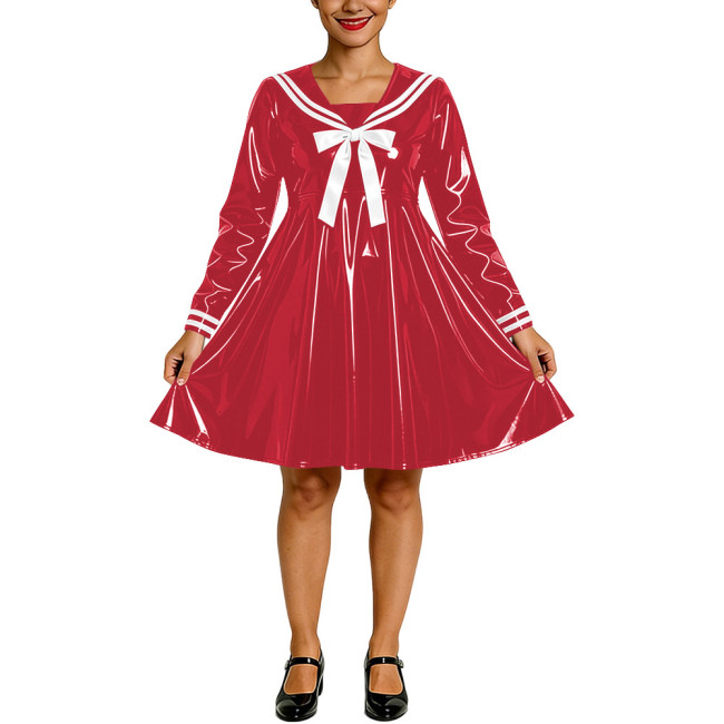 Shiny PVC Faux Latex Sailor Dress for Womens White Striped Collar Bow Long Sleeve Flared Mid Dress Anime Cosplay School Uniform