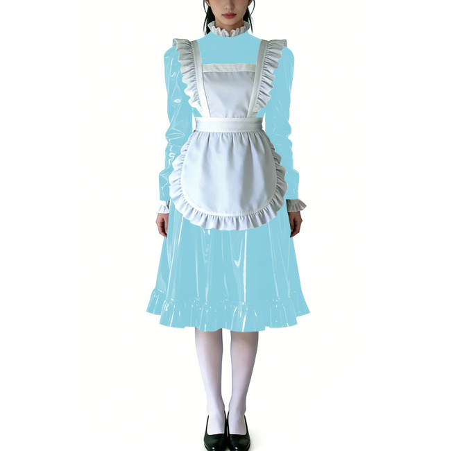 Sissy Ruffled High Neck French Maid Dress Sets Long Sleeve PVC Shiny Apron Lolita Style Maid Uniforms for Cosplay Theme Parties