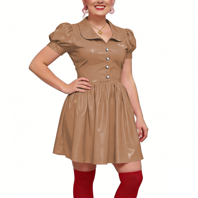 Preppy Shiny PVC Peter Pan Collar Mini Dress for Womens Puff Short Sleeve Button Front A-Line Dress Retro Party Club Short Gown