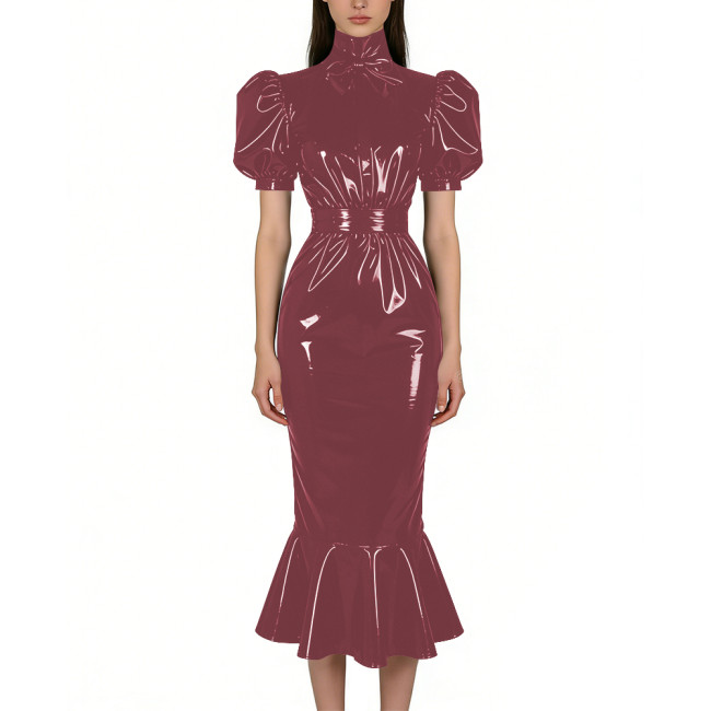 Puff Short Sleeve PVC Vinyl Leather Dress for Womens Turtleneck High Waist Flared Mermaid Slim Midi Gown Party Nightclub Formal