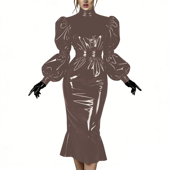 Evening Party Glossy Midi Mermaid Dresses Vinyl PVC Leather High Neck Puff Sleeve Bodycon Dress Elegant Ruffles Gown Club Outfit