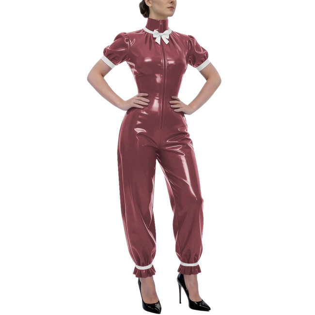 Rave Party Glossy PVC Jumpsuit High Neck Bow Puff Sleeve Front Zipper Wetlook Rompers Sweet Nightclub Catsuit Cosplay Outfits