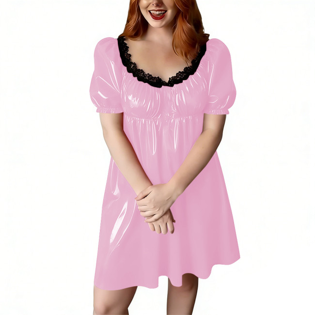 Women's Short Babydoll Dress with Black Lace Trim PVC Shiny Leather Puff Sleeve Flared Mini Dress Party Lingerie Wet Sleepwear