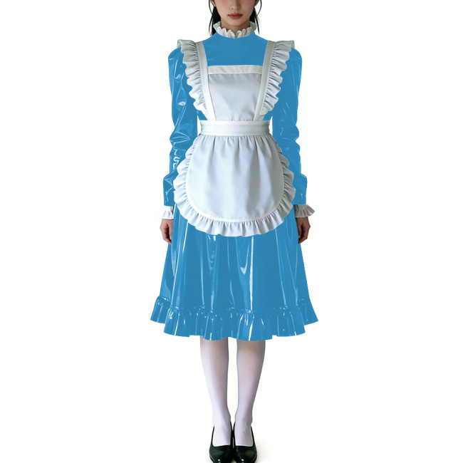 Sissy Ruffled High Neck French Maid Dress Sets Long Sleeve PVC Shiny Apron Lolita Style Maid Uniforms for Cosplay Theme Parties