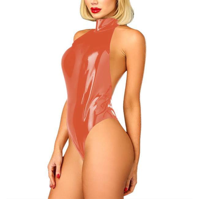 Wet Look Shiny PVC High Cut Bodysuit Vinyl Leather Sexy Halter Open Back Leotard Womens Cosplay Teddies Tops Erotic Lingerie 7XL