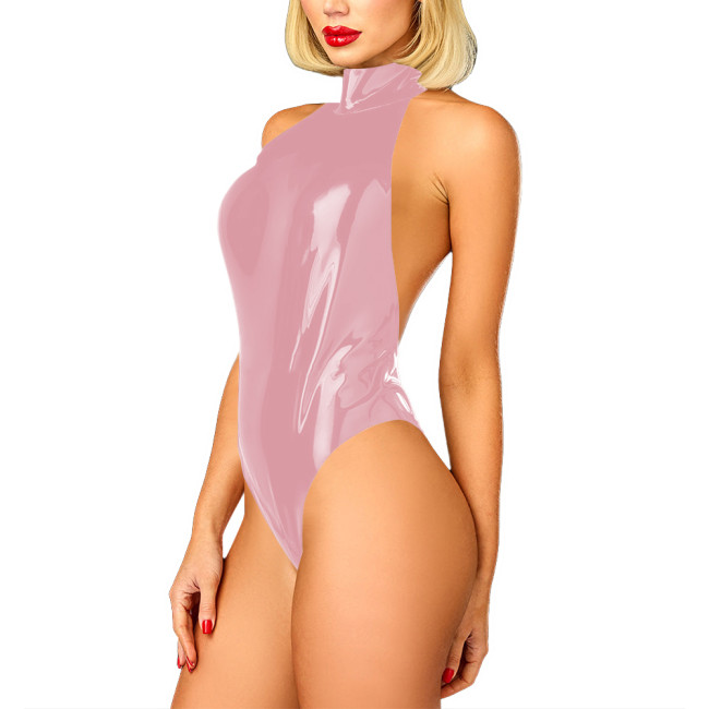Wet Look Shiny PVC High Cut Bodysuit Vinyl Leather Sexy Halter Open Back Leotard Womens Cosplay Teddies Tops Erotic Lingerie 7XL