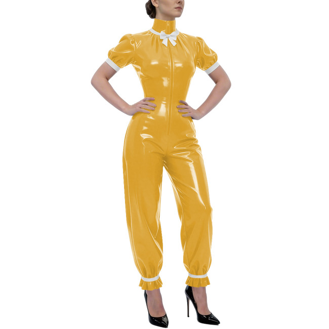 Rave Party Glossy PVC Jumpsuit High Neck Bow Puff Sleeve Front Zipper Wetlook Rompers Sweet Nightclub Catsuit Cosplay Outfits