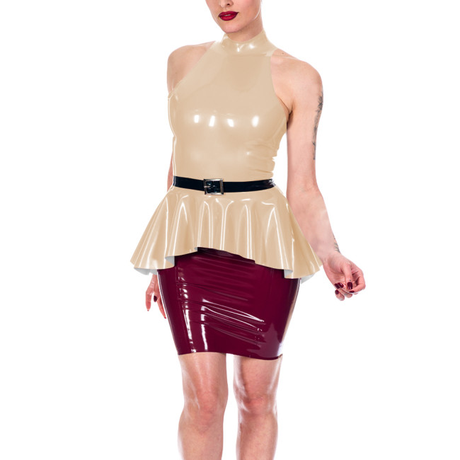 Sexy Women's Shiny PVC Halter Peplum Top Sleeveless High Neck Ruffle Hem Blouse Glossy Clubwear Ladies Back Zipper Slim Vest Top