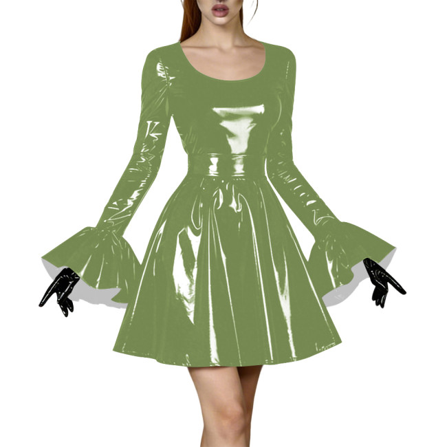 High Street Glossy PVC Leather Mini Dress for Womens Round Neck Bell Sleeve High Waist A-Line Mini Skater Dress Cosplay Outfits