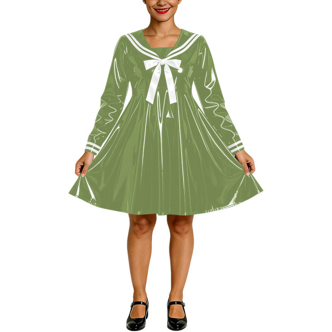 Shiny PVC Faux Latex Sailor Dress for Womens White Striped Collar Bow Long Sleeve Flared Mid Dress Anime Cosplay School Uniform