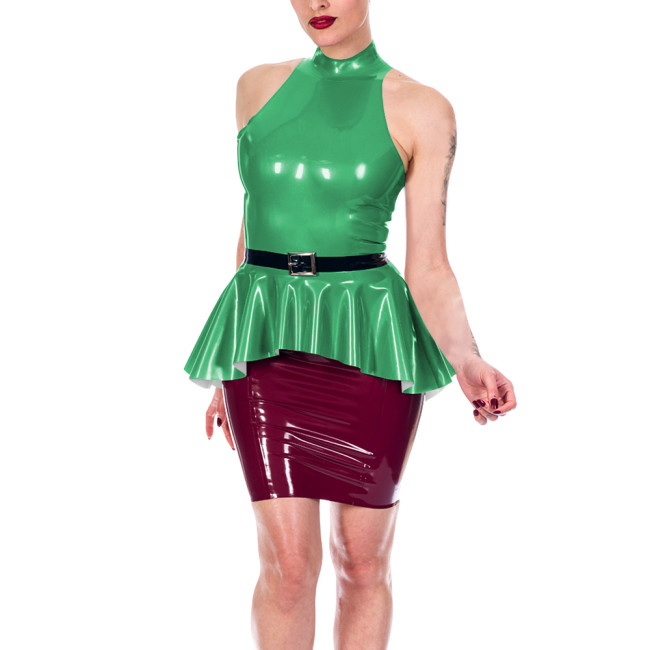 Sexy Women's Shiny PVC Halter Peplum Top Sleeveless High Neck Ruffle Hem Blouse Glossy Clubwear Ladies Back Zipper Slim Vest Top