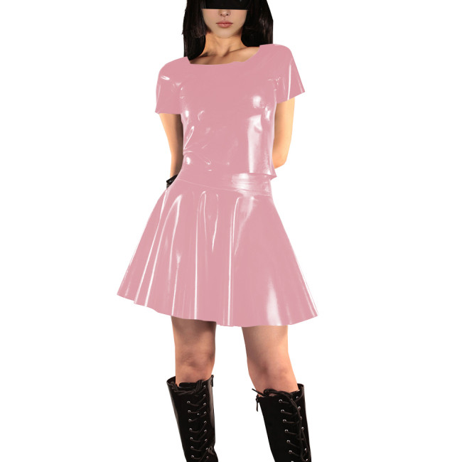 Women's Vinyl PVC Leather Two Piece Outfit Fashion Casual Short Sleeve Crop Top and Mini Flared Skater Skirt Set Street Outfits