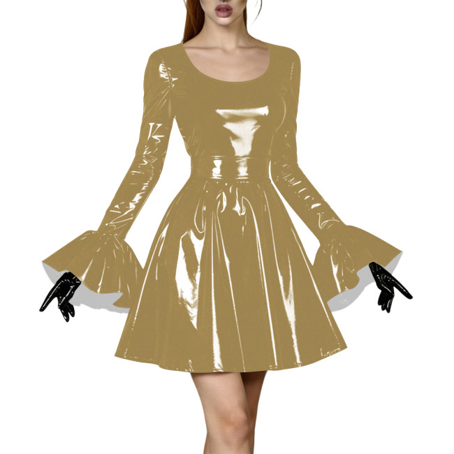 High Street Glossy PVC Leather Mini Dress for Womens Round Neck Bell Sleeve High Waist A-Line Mini Skater Dress Cosplay Outfits
