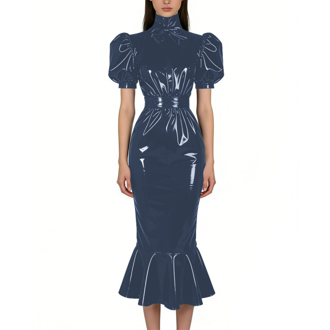 Puff Short Sleeve PVC Vinyl Leather Dress for Womens Turtleneck High Waist Flared Mermaid Slim Midi Gown Party Nightclub Formal