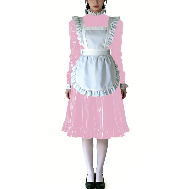 Sissy Ruffled High Neck French Maid Dress Sets Long Sleeve PVC Shiny Apron Lolita Style Maid Uniforms for Cosplay Theme Parties