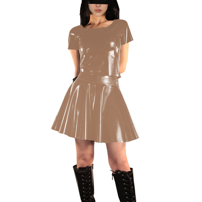 Women's Vinyl PVC Leather Two Piece Outfit Fashion Casual Short Sleeve Crop Top and Mini Flared Skater Skirt Set Street Outfits