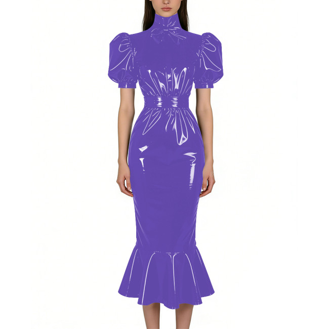 Puff Short Sleeve PVC Vinyl Leather Dress for Womens Turtleneck High Waist Flared Mermaid Slim Midi Gown Party Nightclub Formal