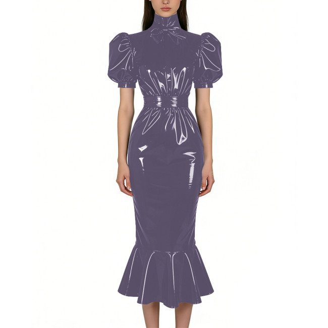 Puff Short Sleeve PVC Vinyl Leather Dress for Womens Turtleneck High Waist Flared Mermaid Slim Midi Gown Party Nightclub Formal
