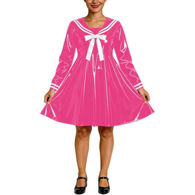 Shiny PVC Faux Latex Sailor Dress for Womens White Striped Collar Bow Long Sleeve Flared Mid Dress Anime Cosplay School Uniform