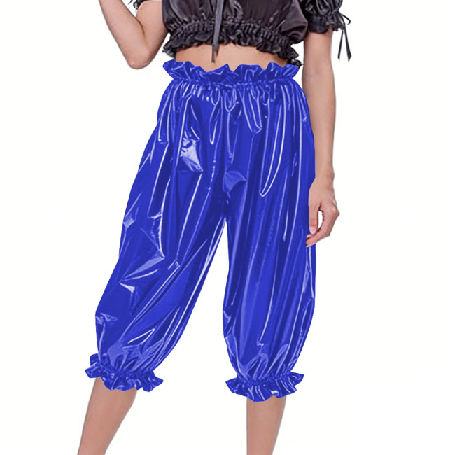 Women's Casual Shiny PVC Baggy Pants Elastic Waist Ruffle Cuffs Loose Mid Pants Fetish Glossy Faux Leather Bloomers Club Bottoms