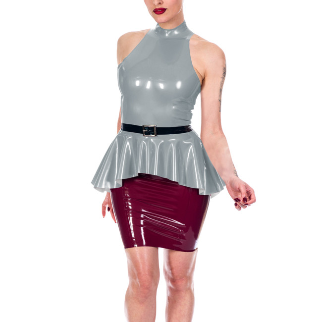 Sexy Women's Shiny PVC Halter Peplum Top Sleeveless High Neck Ruffle Hem Blouse Glossy Clubwear Ladies Back Zipper Slim Vest Top