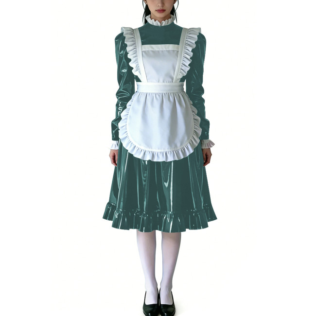 Sissy Ruffled High Neck French Maid Dress Sets Long Sleeve PVC Shiny Apron Lolita Style Maid Uniforms for Cosplay Theme Parties