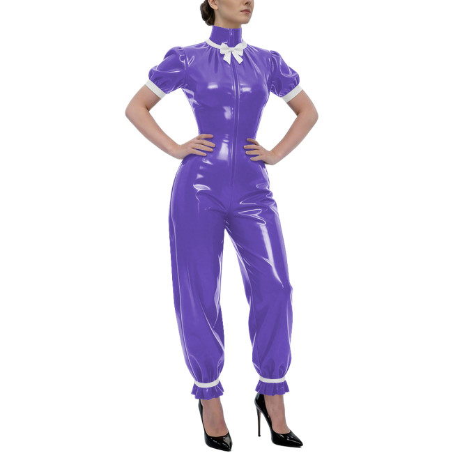 Rave Party Glossy PVC Jumpsuit High Neck Bow Puff Sleeve Front Zipper Wetlook Rompers Sweet Nightclub Catsuit Cosplay Outfits