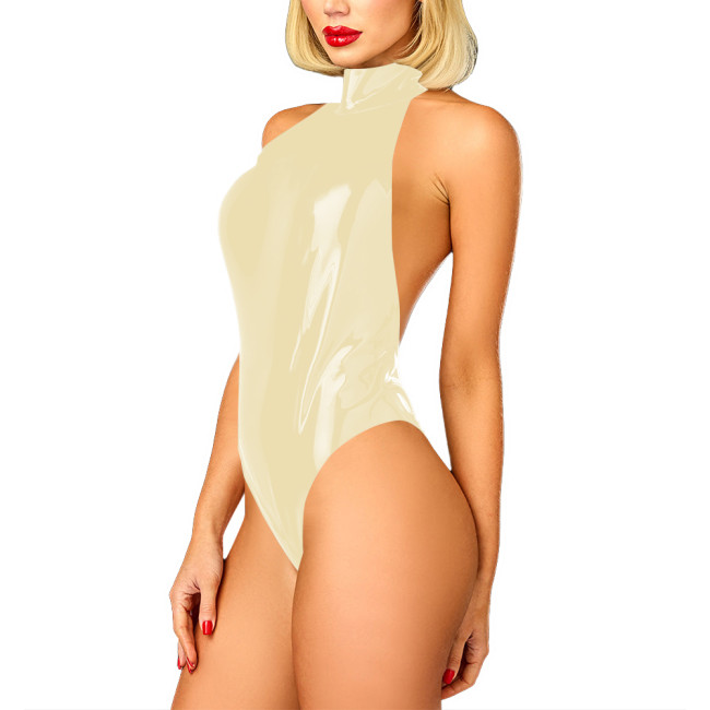 Wet Look Shiny PVC High Cut Bodysuit Vinyl Leather Sexy Halter Open Back Leotard Womens Cosplay Teddies Tops Erotic Lingerie 7XL