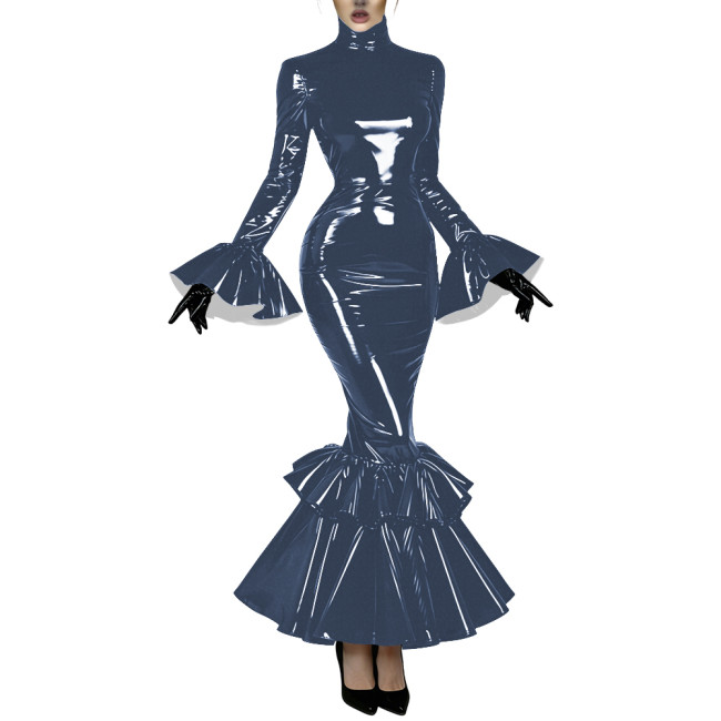 Women's Glossy Latex-like PVC Mermaid Dress High Neck Flared Long Sleeve Ruffle Hem Bodycon Maxi Dress Formal Party Vestidos