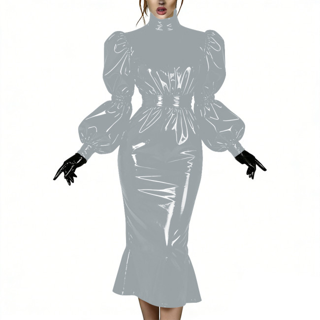 Evening Party Glossy Midi Mermaid Dresses Vinyl PVC Leather High Neck Puff Sleeve Bodycon Dress Elegant Ruffles Gown Club Outfit