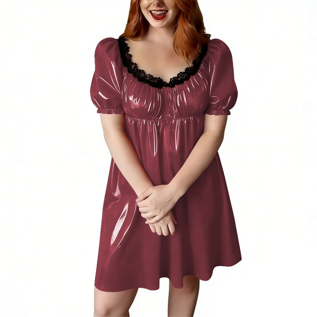Women's Short Babydoll Dress with Black Lace Trim PVC Shiny Leather Puff Sleeve Flared Mini Dress Party Lingerie Wet Sleepwear