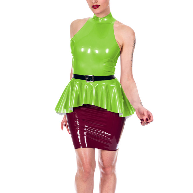 Sexy Women's Shiny PVC Halter Peplum Top Sleeveless High Neck Ruffle Hem Blouse Glossy Clubwear Ladies Back Zipper Slim Vest Top