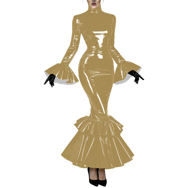 Women's Glossy Latex-like PVC Mermaid Dress High Neck Flared Long Sleeve Ruffle Hem Bodycon Maxi Dress Formal Party Vestidos