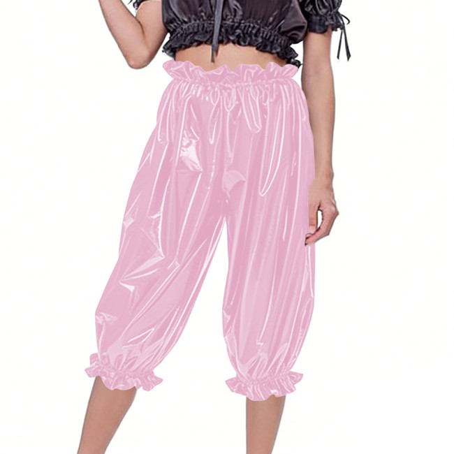 Women's Casual Shiny PVC Baggy Pants Elastic Waist Ruffle Cuffs Loose Mid Pants Fetish Glossy Faux Leather Bloomers Club Bottoms