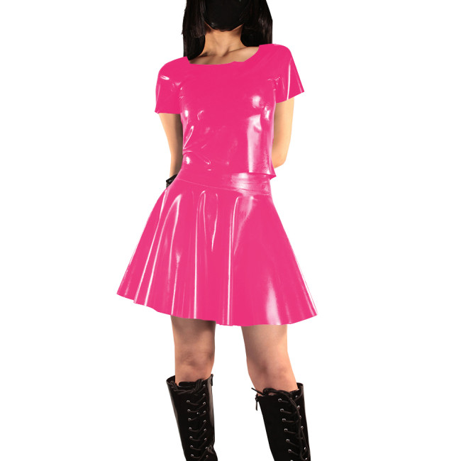 Women's Vinyl PVC Leather Two Piece Outfit Fashion Casual Short Sleeve Crop Top and Mini Flared Skater Skirt Set Street Outfits