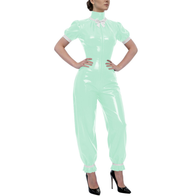 Rave Party Glossy PVC Jumpsuit High Neck Bow Puff Sleeve Front Zipper Wetlook Rompers Sweet Nightclub Catsuit Cosplay Outfits