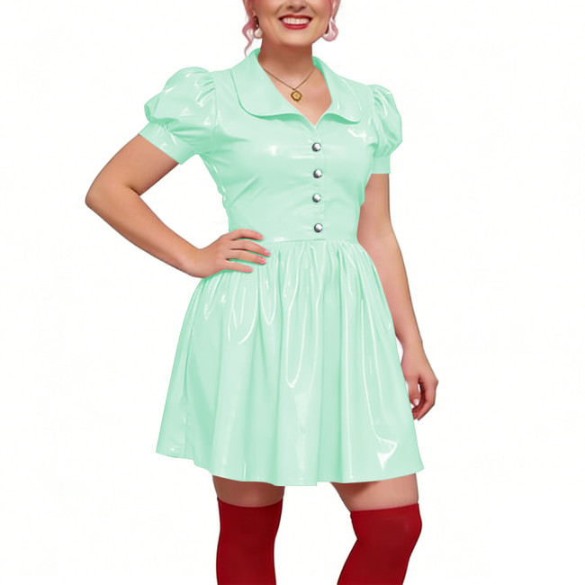 Preppy Shiny PVC Peter Pan Collar Mini Dress for Womens Puff Short Sleeve Button Front A-Line Dress Retro Party Club Short Gown