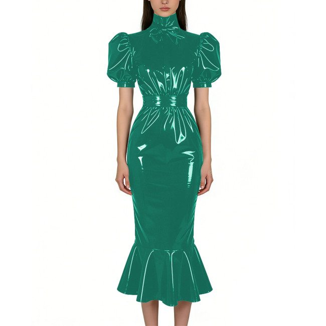 Puff Short Sleeve PVC Vinyl Leather Dress for Womens Turtleneck High Waist Flared Mermaid Slim Midi Gown Party Nightclub Formal