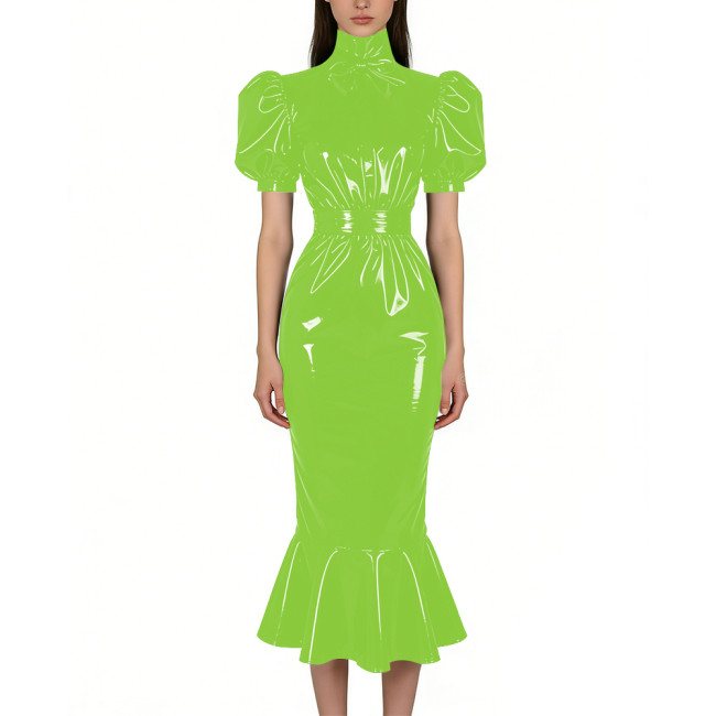 Puff Short Sleeve PVC Vinyl Leather Dress for Womens Turtleneck High Waist Flared Mermaid Slim Midi Gown Party Nightclub Formal