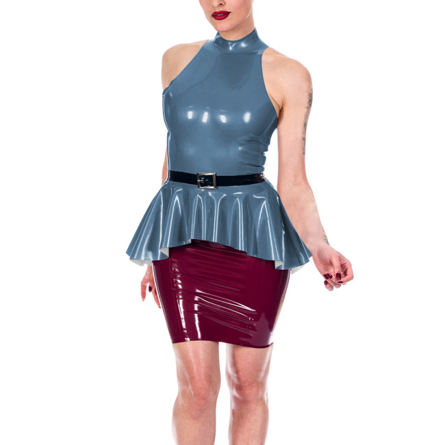Sexy Women's Shiny PVC Halter Peplum Top Sleeveless High Neck Ruffle Hem Blouse Glossy Clubwear Ladies Back Zipper Slim Vest Top
