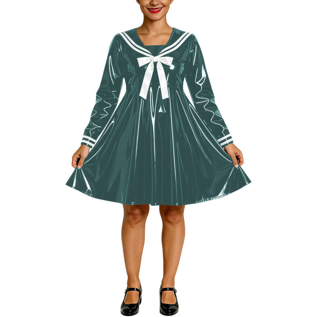 Shiny PVC Faux Latex Sailor Dress for Womens White Striped Collar Bow Long Sleeve Flared Mid Dress Anime Cosplay School Uniform