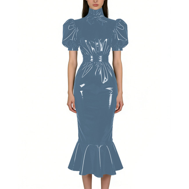 Puff Short Sleeve PVC Vinyl Leather Dress for Womens Turtleneck High Waist Flared Mermaid Slim Midi Gown Party Nightclub Formal