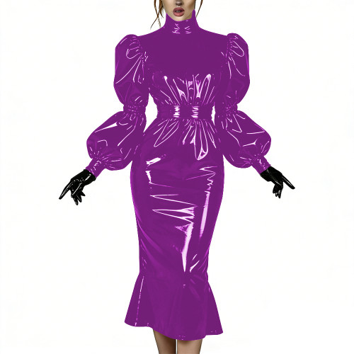 Evening Party Glossy Midi Mermaid Dresses Vinyl PVC Leather High Neck Puff Sleeve Bodycon Dress Elegant Ruffles Gown Club Outfit