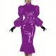 Evening Party Glossy Midi Mermaid Dresses Vinyl PVC Leather High Neck Puff Sleeve Bodycon Dress Elegant Ruffles Gown Club Outfit