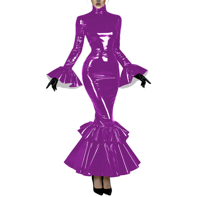 Women's Glossy Latex-like PVC Mermaid Dress High Neck Flared Long Sleeve Ruffle Hem Bodycon Maxi Dress Formal Party Vestidos