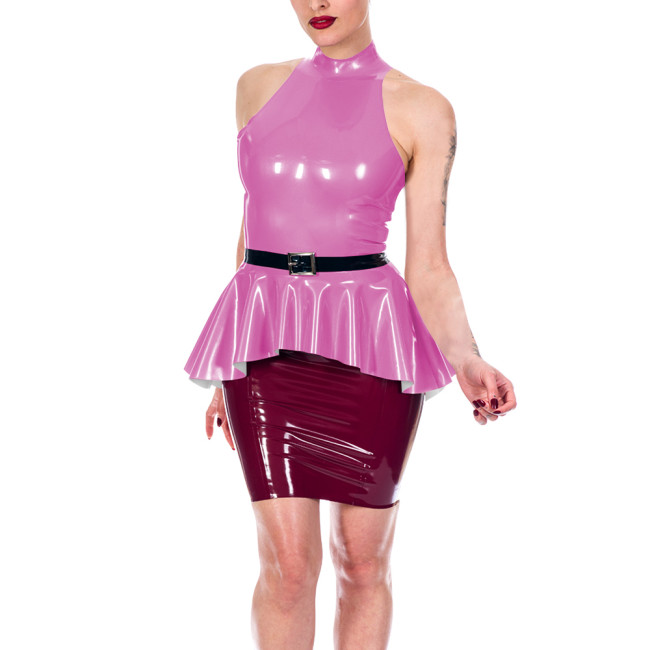 Sexy Women's Shiny PVC Halter Peplum Top Sleeveless High Neck Ruffle Hem Blouse Glossy Clubwear Ladies Back Zipper Slim Vest Top