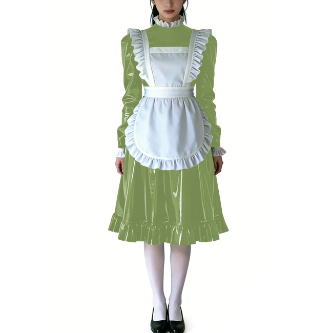 Sissy Ruffled High Neck French Maid Dress Sets Long Sleeve PVC Shiny Apron Lolita Style Maid Uniforms for Cosplay Theme Parties