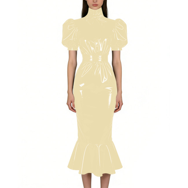 Puff Short Sleeve PVC Vinyl Leather Dress for Womens Turtleneck High Waist Flared Mermaid Slim Midi Gown Party Nightclub Formal