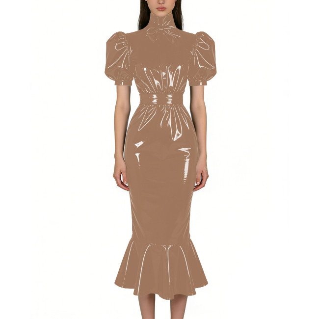 Puff Short Sleeve PVC Vinyl Leather Dress for Womens Turtleneck High Waist Flared Mermaid Slim Midi Gown Party Nightclub Formal