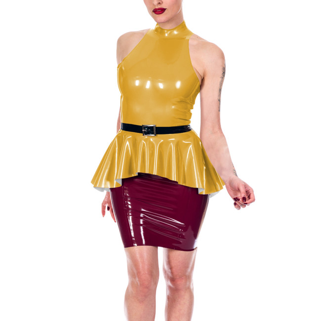 Sexy Women's Shiny PVC Halter Peplum Top Sleeveless High Neck Ruffle Hem Blouse Glossy Clubwear Ladies Back Zipper Slim Vest Top